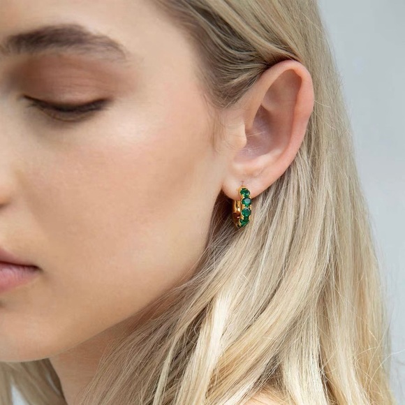 Emerald Huggie Hoop Earrings, Emerald Hoop Earrings, Green Gem Earrings - Picture 9 of 9